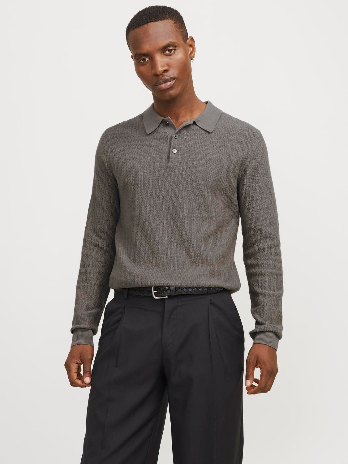 Long Sleeve Polo Sweater Dark Grey Jack Jones